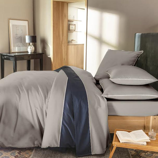 PARURE DE COUETTE BICOLORE PERCALE 100% COTON -80 FILS  BLEU MARINE/GRIS - MARQUES DISCOUNT
