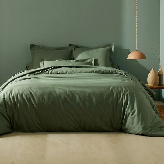 PARURE DE COUETTE PERCALE 100% COTON VERT KAKI - MARQUES DISCOUNT
