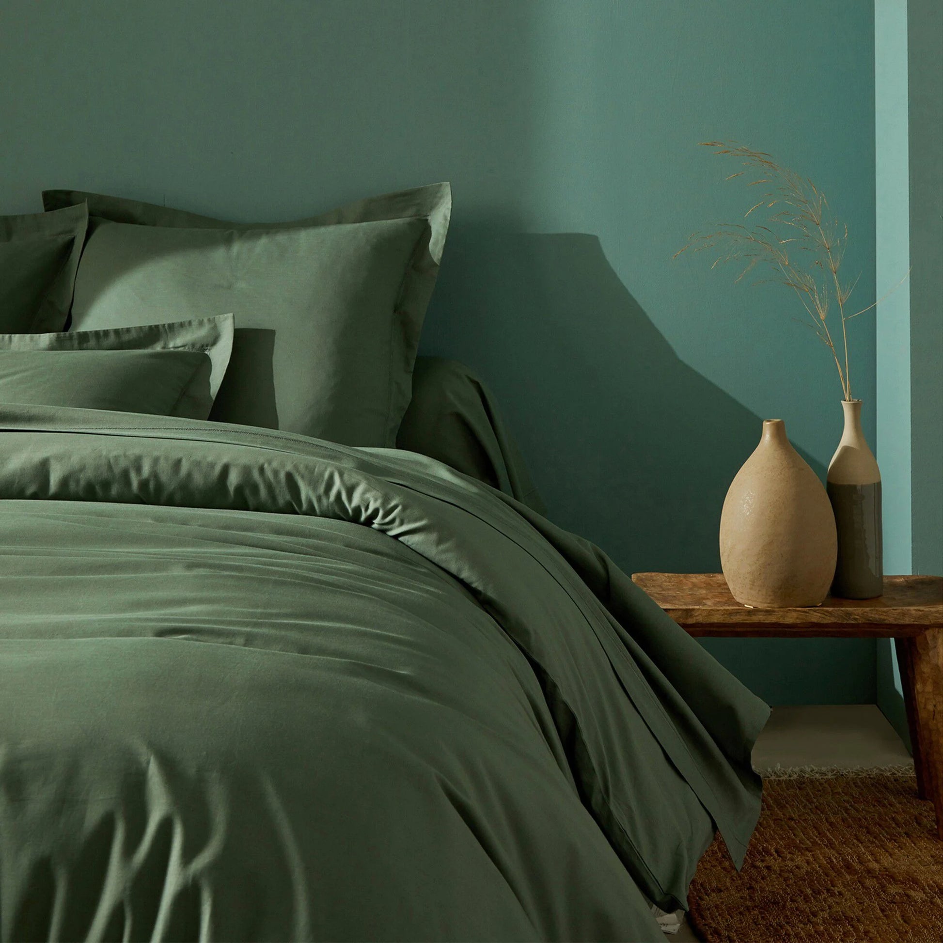 PARURE DE COUETTE PERCALE 100% COTON VERT KAKI - MARQUES DISCOUNT