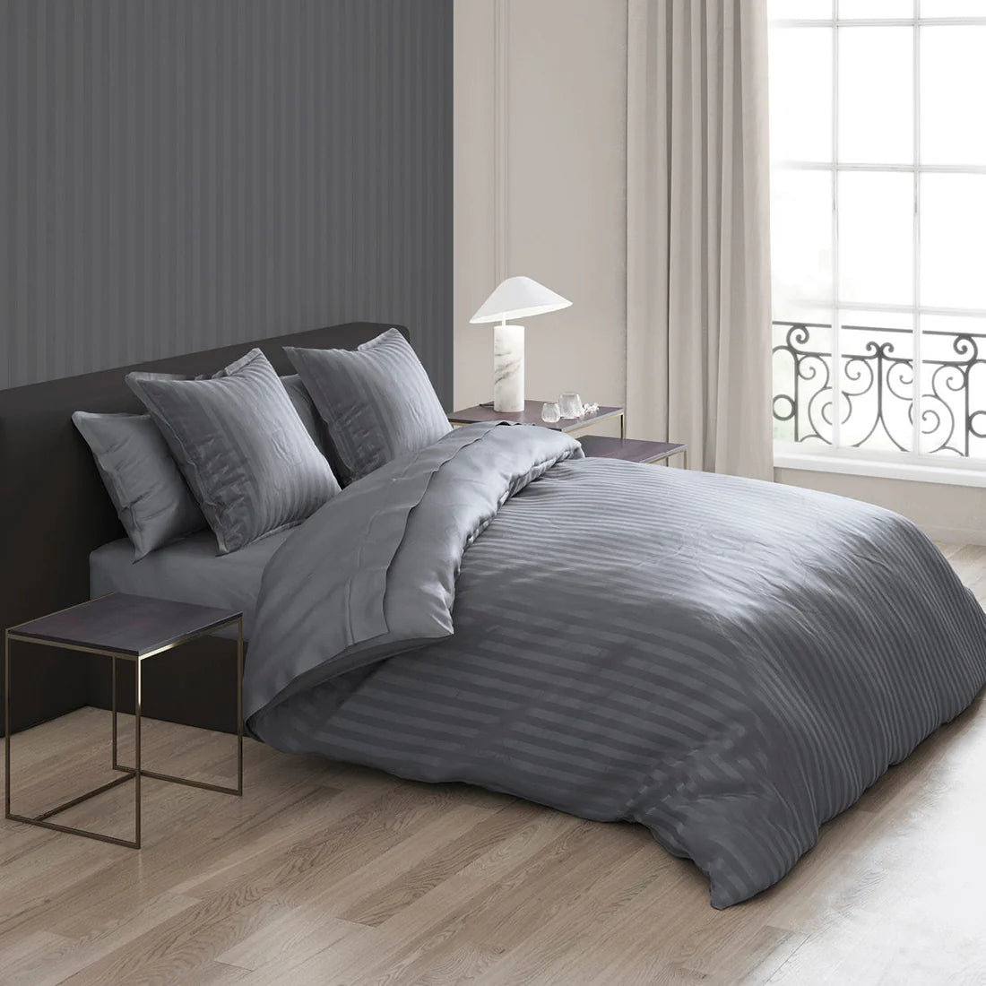 PARURE DE COUETTE SATIN 100% COTON GRIS - MARQUES DISCOUNT