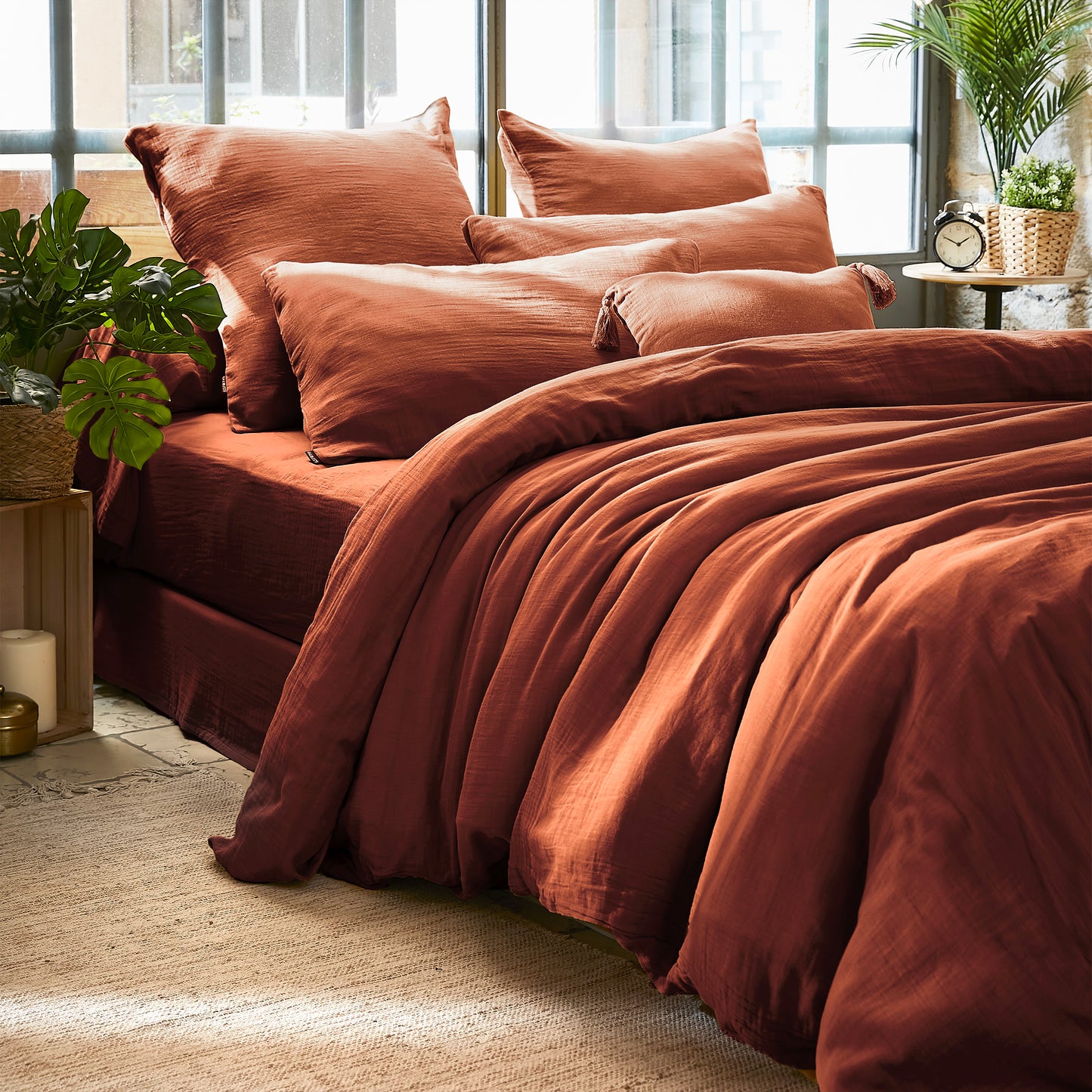 PARURE DE COUETTE 100% GAZE DE COTON TERRACOTTA - MARQUES DISCOUNT