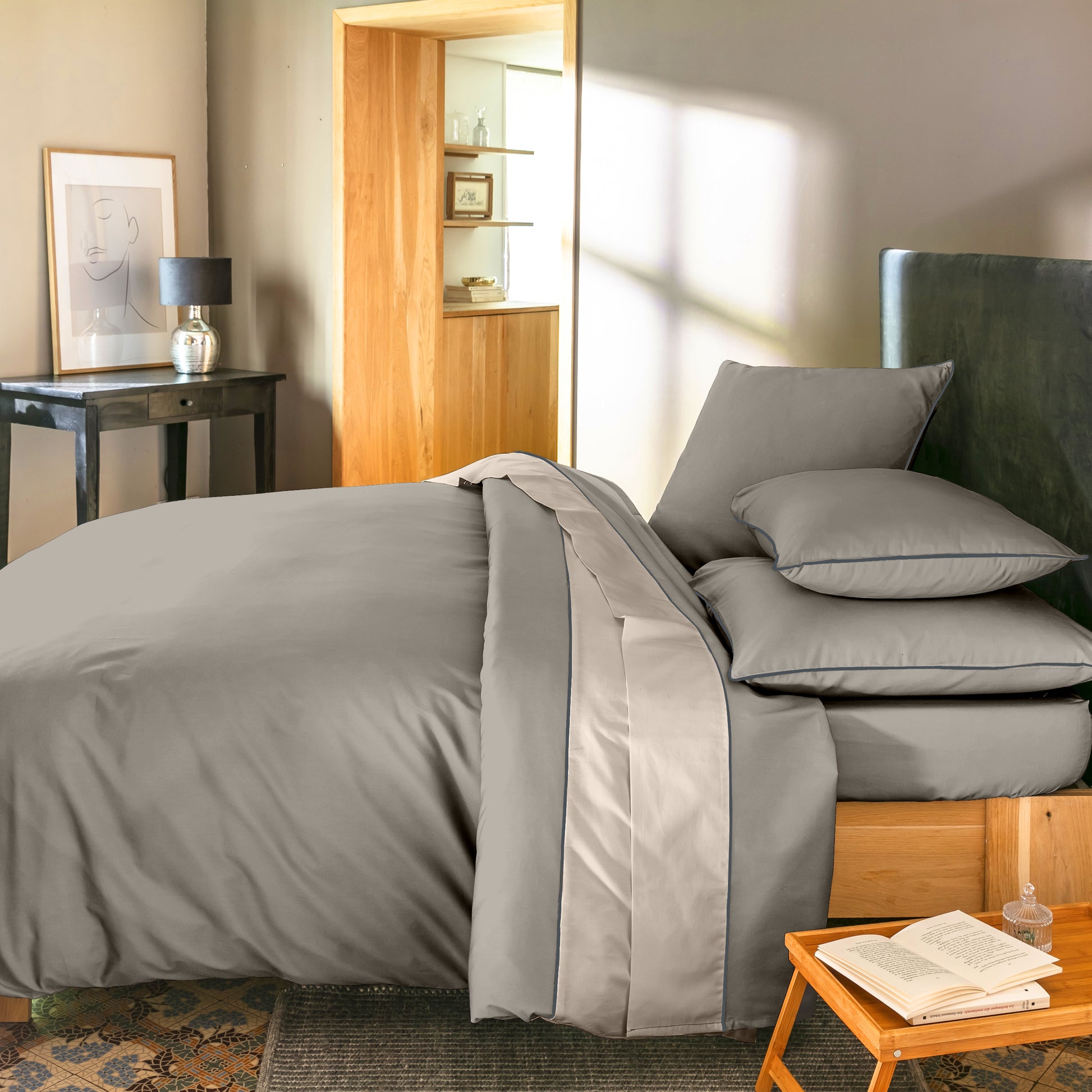 PARURE DE COUETTE BICOLORE PERCALE 100% COTON -80 FILS GRIS/BEIGE - MARQUES DISCOUNT