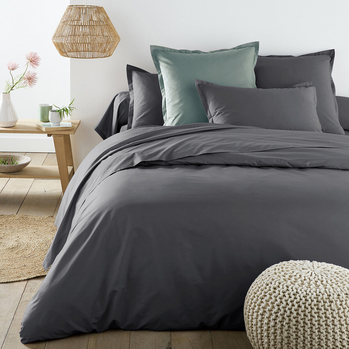 1x TAIE D'OREILLER PERCALE 100% COTON GRIS - MARQUES DISCOUNT