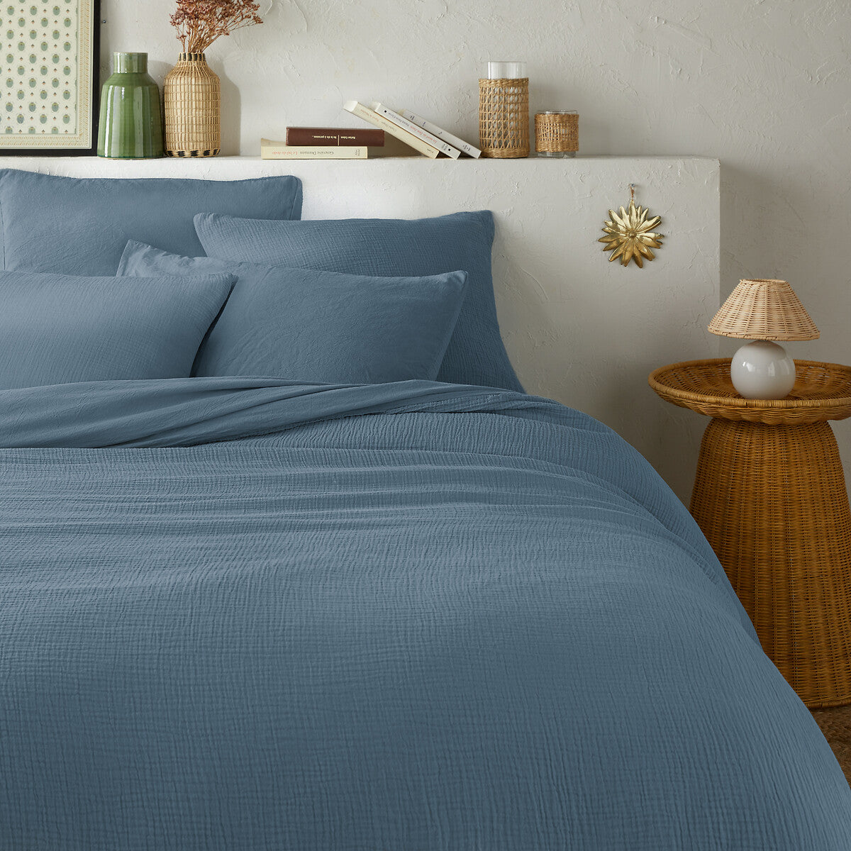 PARURE DE COUETTE 100% GAZE DE COTON BLEU - MARQUES DISCOUNT