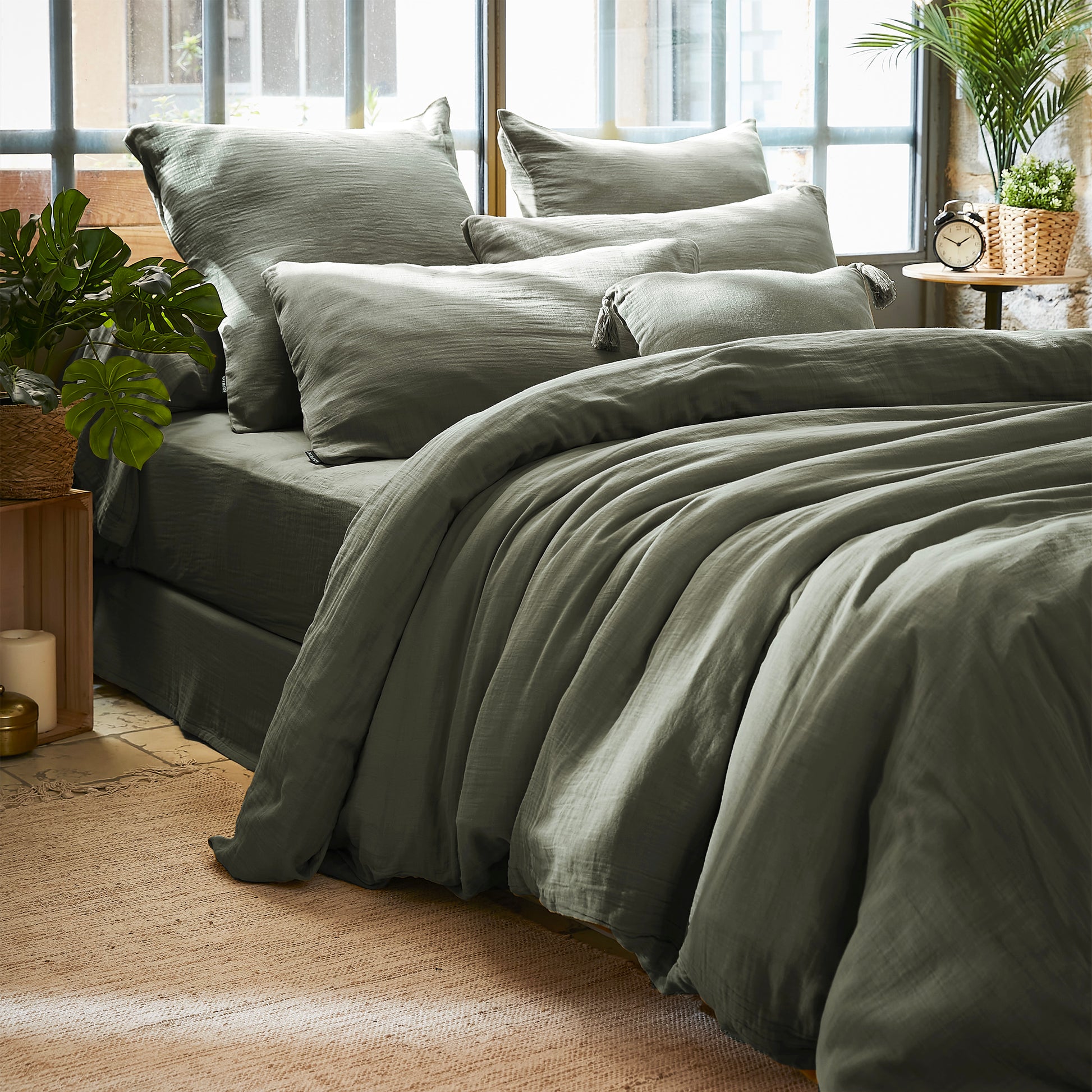 PARURE DE COUETTE 100% GAZE DE COTON VERT KAKI - MARQUES DISCOUNT