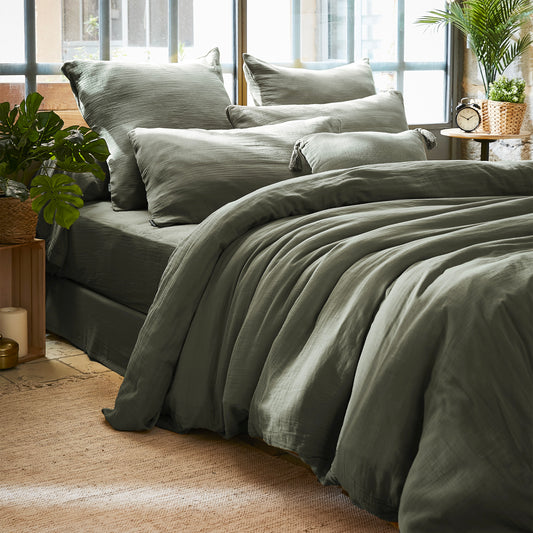 PARURE DE COUETTE 100% GAZE DE COTON VERT KAKI - MARQUES DISCOUNT