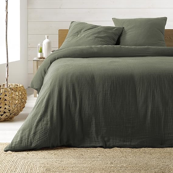 PARURE DE COUETTE 100% GAZE DE COTON VERT KAKI - MARQUES DISCOUNT