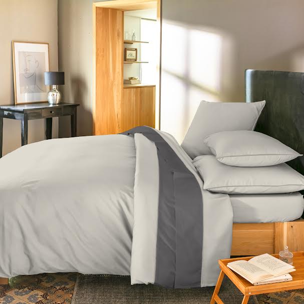 PARURE DE COUETTE BICOLORE PERCALE 100% COTON -80 FILS GRIS CLAIRE & Foncé - MARQUES DISCOUNT