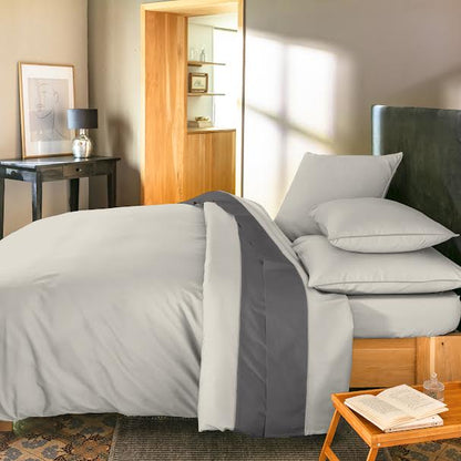 PARURE DE COUETTE BICOLORE PERCALE 100% COTON -80 FILS GRIS CLAIRE & Foncé - MARQUES DISCOUNT