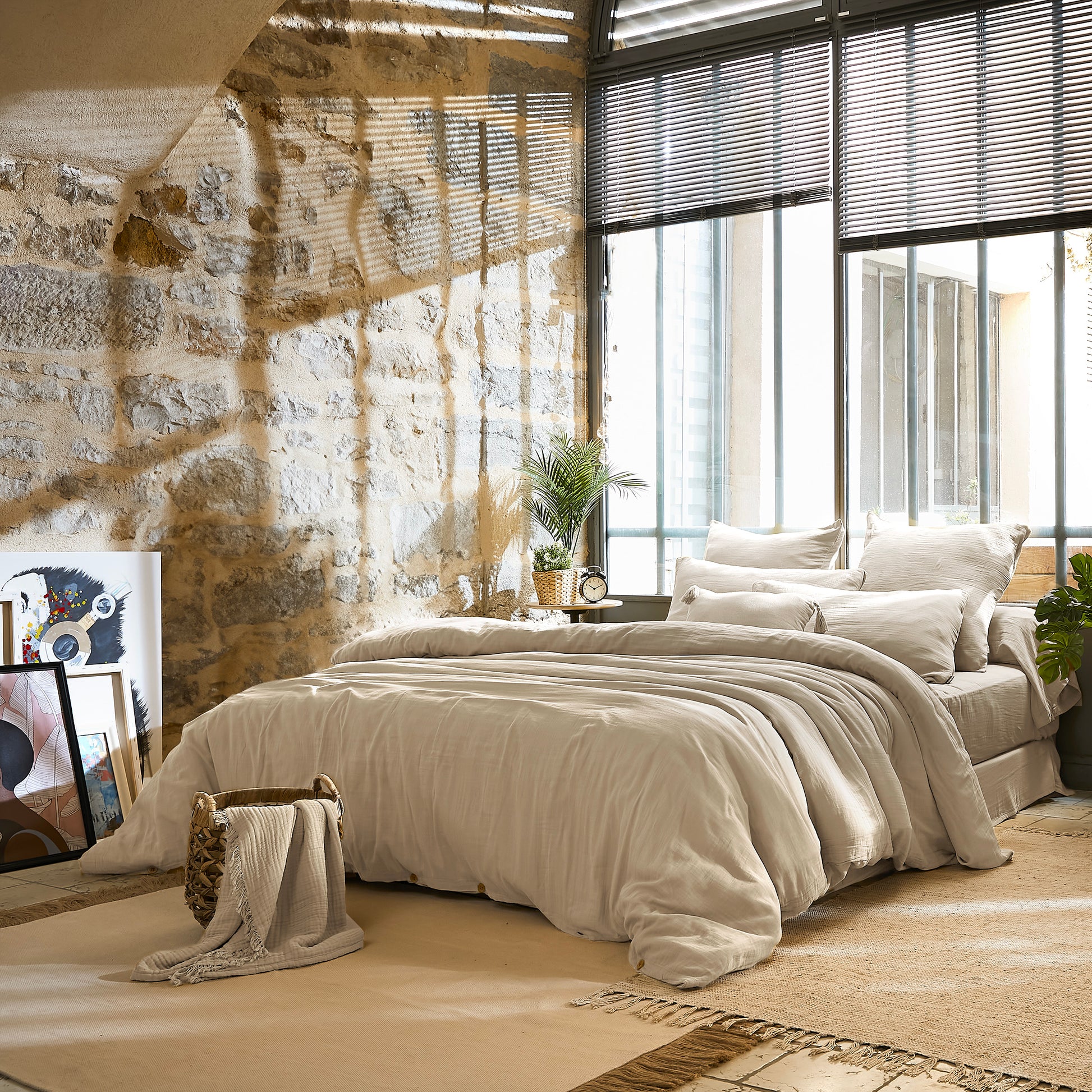 PARURE DE COUETTE 100% GAZE DE COTON COULEUR LIN - MARQUES DISCOUNT